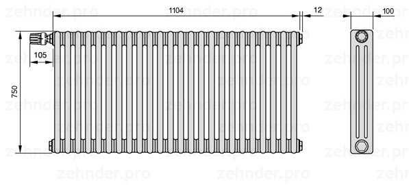 Схема (чертеж) Радиатор Zehnder Charleston 3075/24 №V012 Белый глянцевый RAL 9016